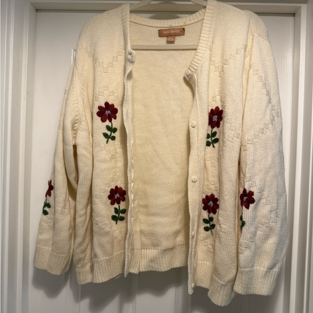 April Cornell Embroidered Cream Sweater Cardigan Floral